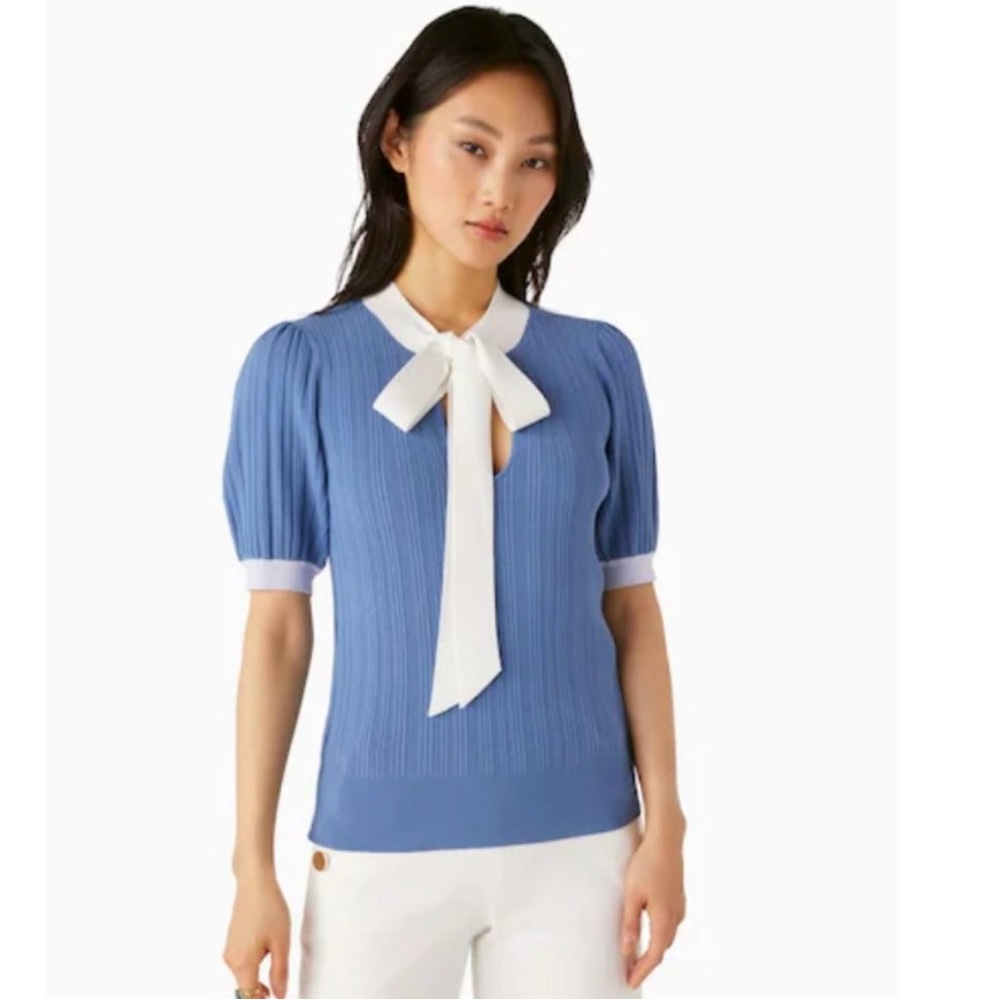 kate spade Colorblock Bow-neck Sweater top blouse blue white size x-small nwot